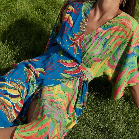 Farm Rio Tahiti Wrap Maxi Dress Women’s Sz M multicolor tropical rainforest - Picture 2 of 16